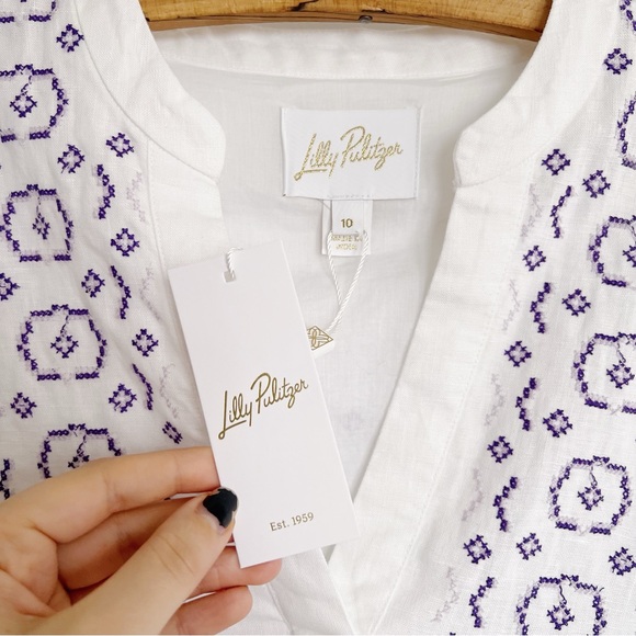 Lilly Pulitzer • Mialeigh Linen Dress in Water Hyacinth white folk embroidery - Picture 5 of 15